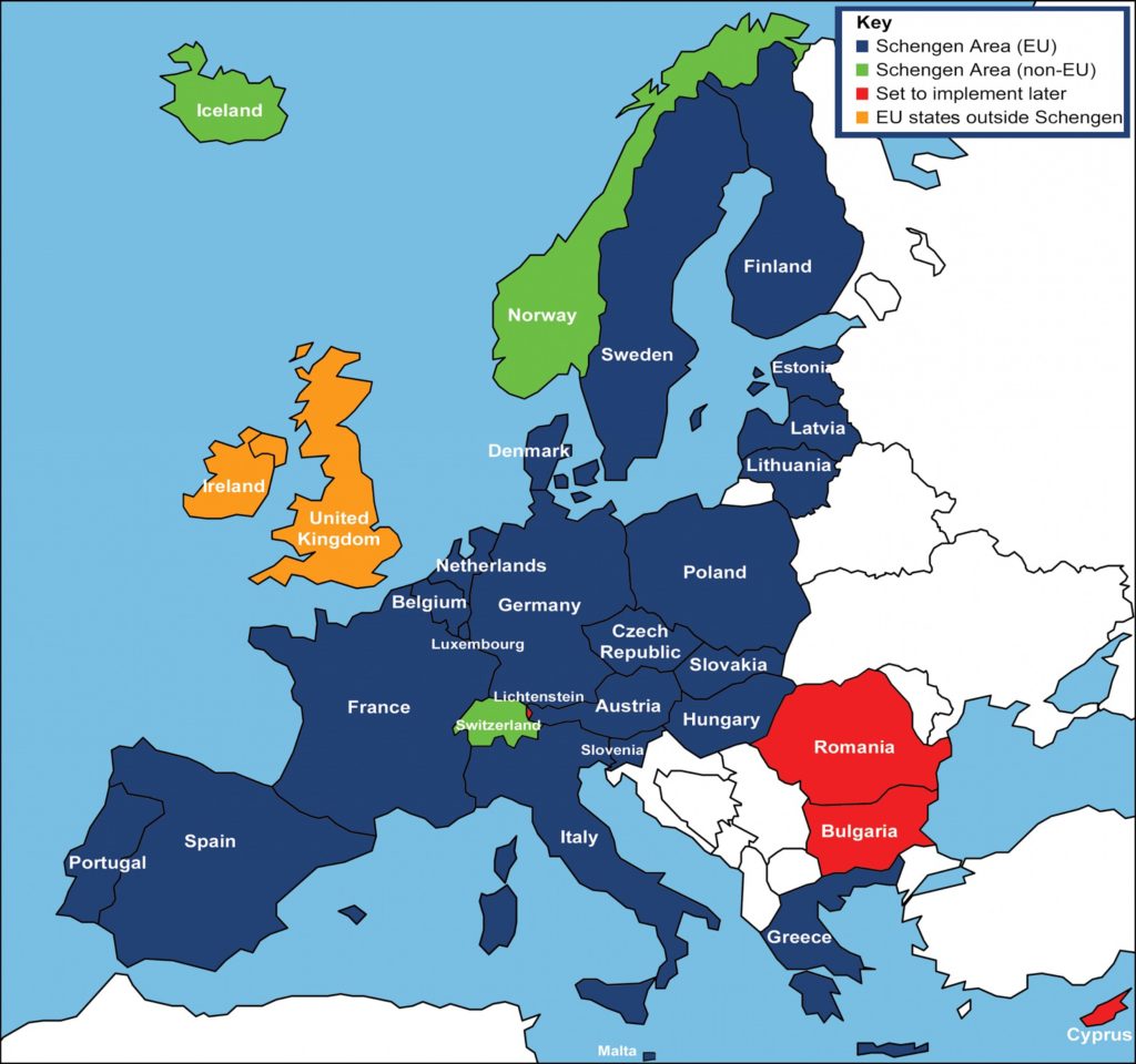 Mapa do espaço Schengen